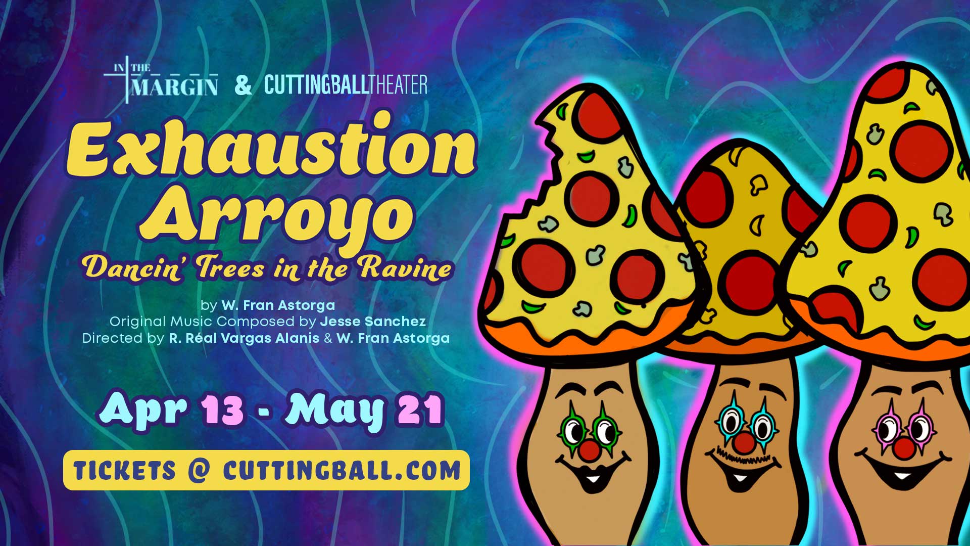 Blue & Purple galaxy background with 3 mushrooms on the right side that have pizza slices as their tops and clown faces on th