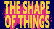 Navy background, fresh pink spray paint with the title "The Shape of Things" in the center.