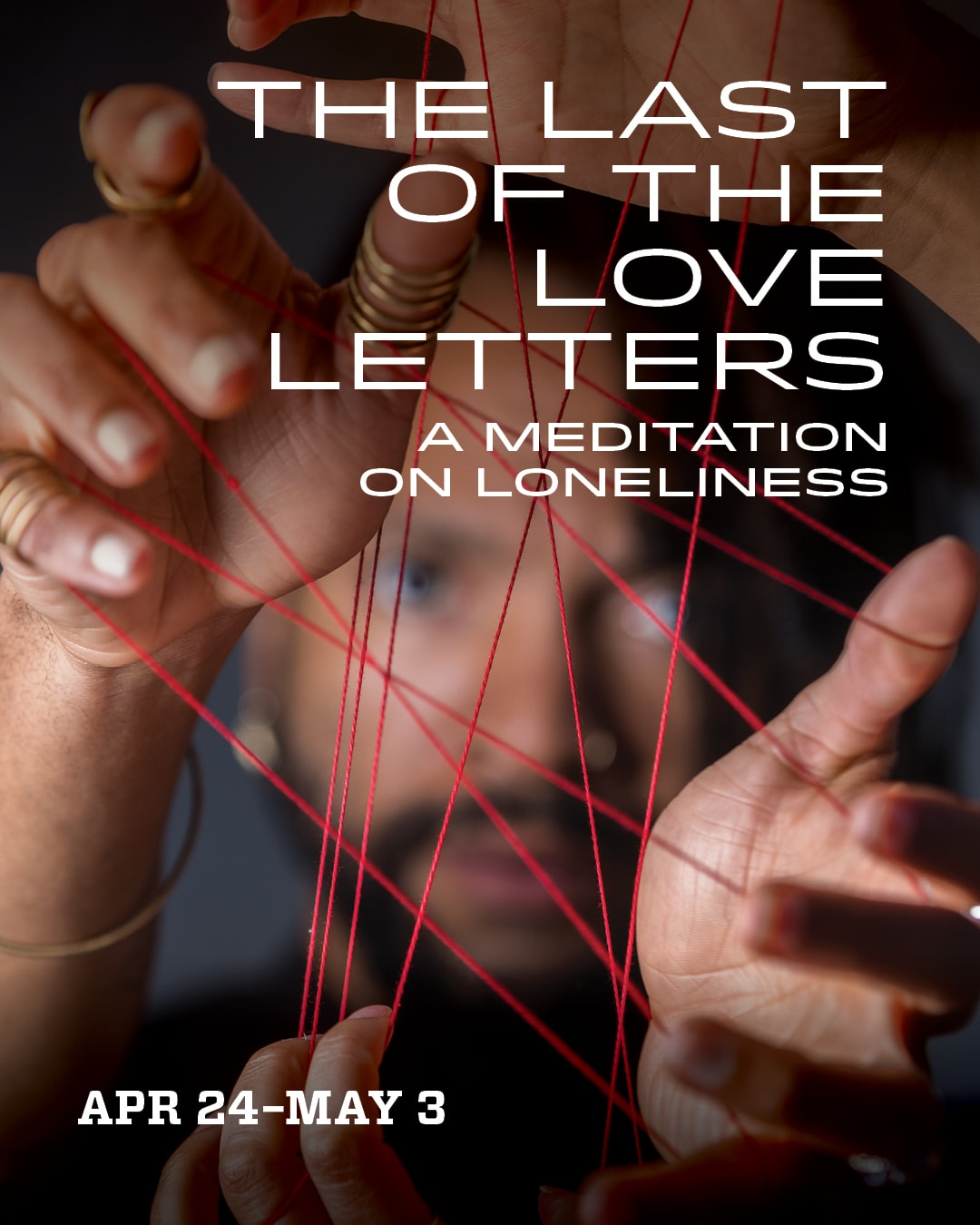 Close-up of hands weaving red string, promoting Crowded Fire Theater’s play “The Last of the Love Letters” by Ngozi