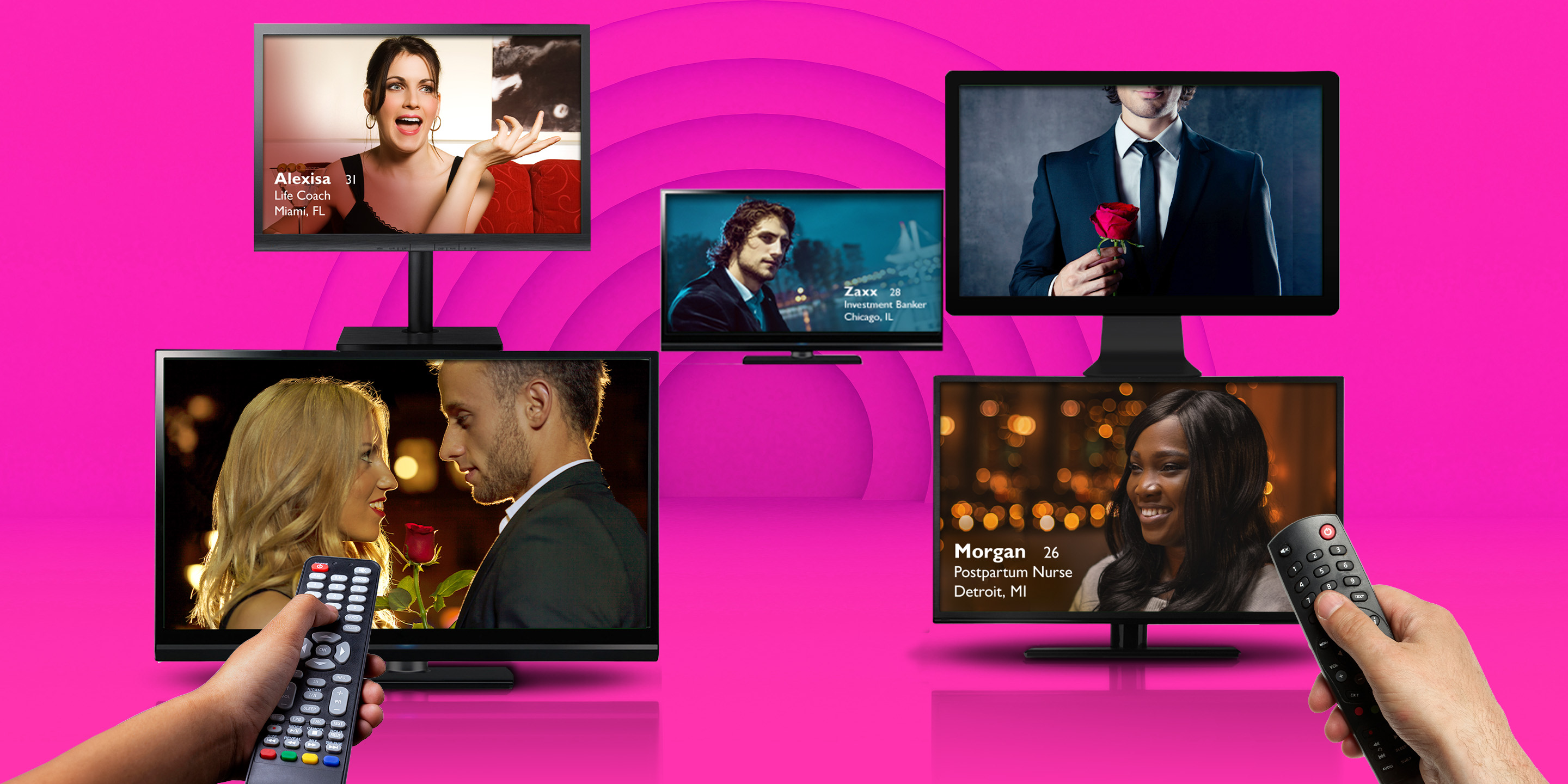 Reality show tropes and characters on a series of screens, while hands point remotes at them.