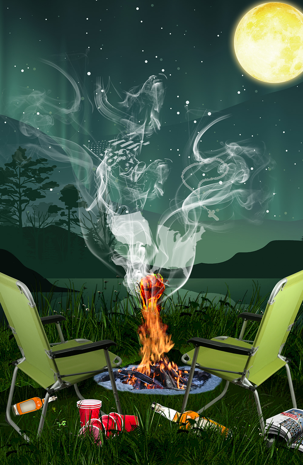 A graphic of two camp chairs around a campfire strewn with empty beer bottles and red, plastic cups.
