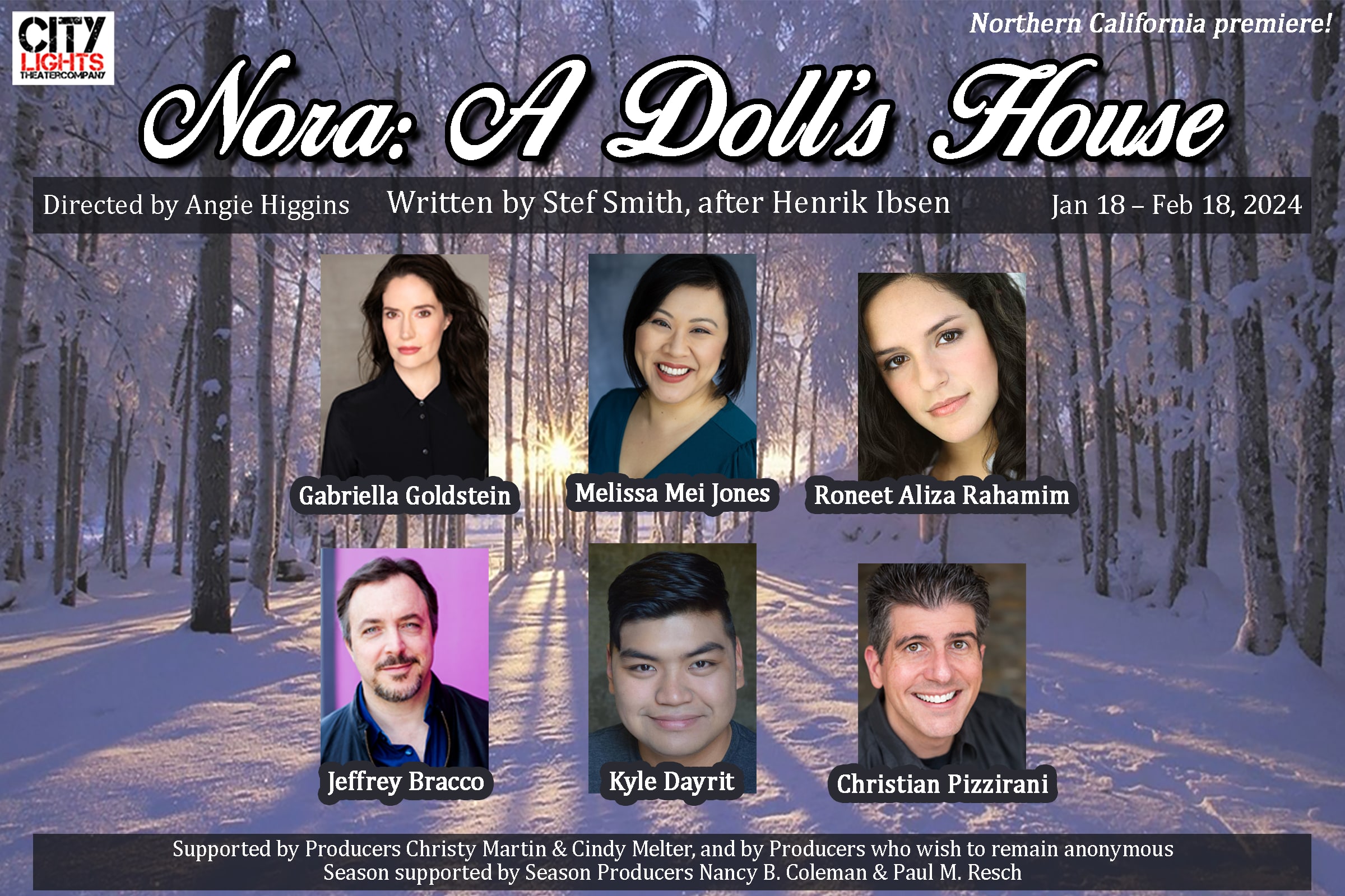 Six headshots of actors in the play "Nora: A Doll's House" set against a snowy forest background.