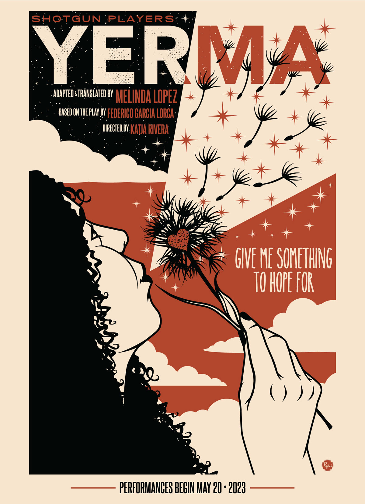 Illustration of a young woman with black curly hair blowing a dandelion