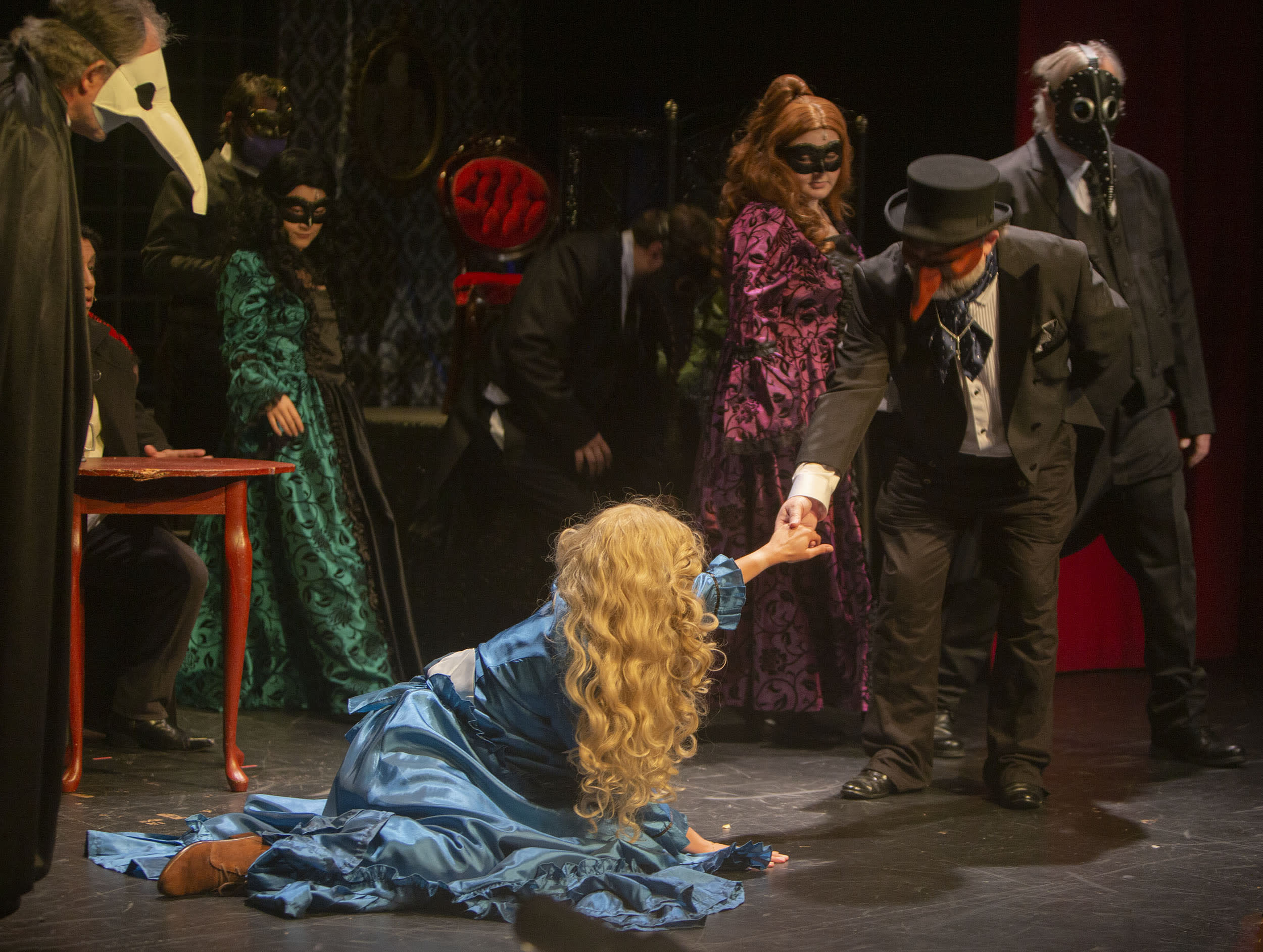 Flashback scene of Sweeney Todd's wife lured to a wild party at Judge Turpin's home.