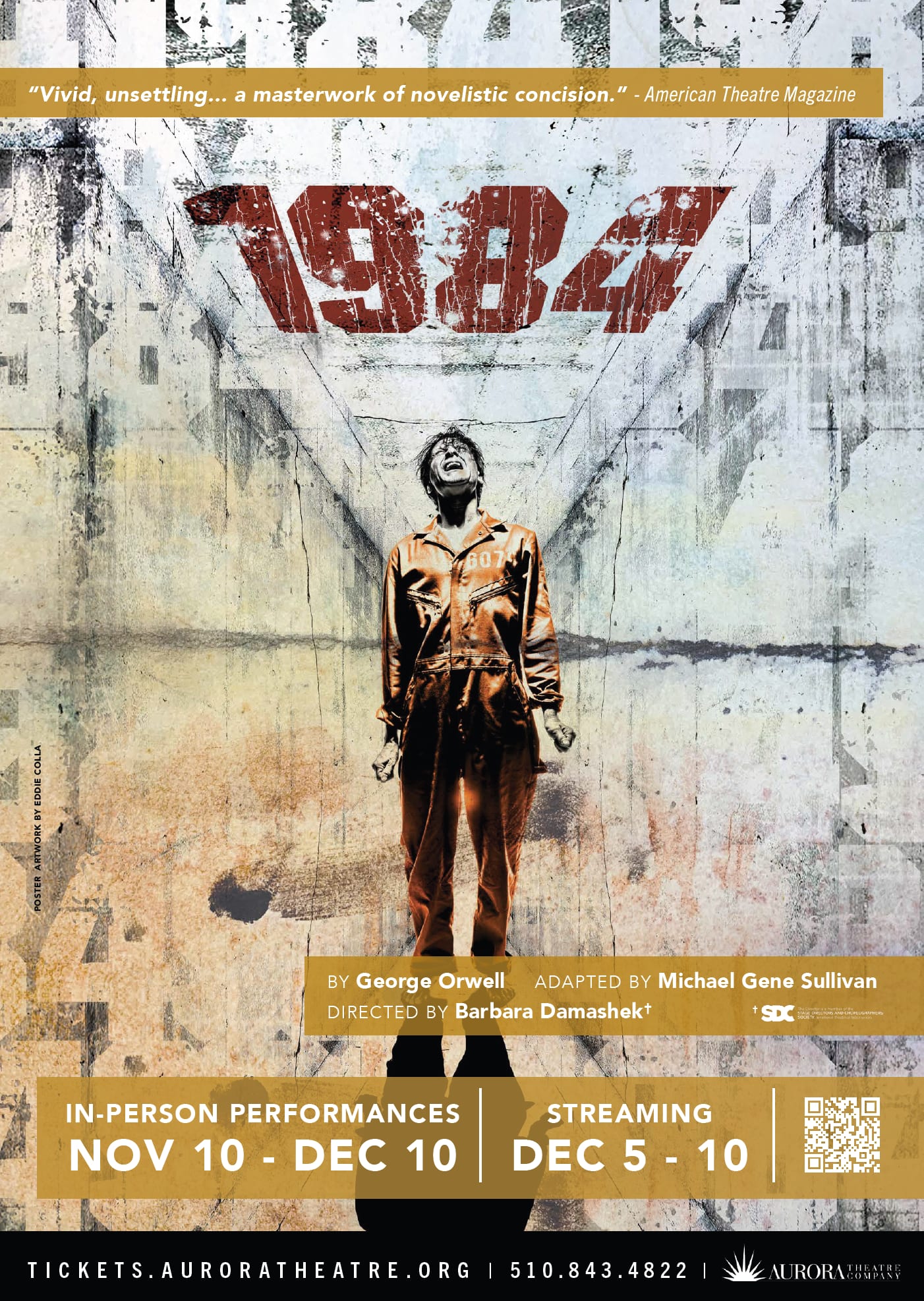 A barefoot man in an orange prison jumpsuit screaming at the ceiling of a narrow hallway. The title of the play, 1984, looms