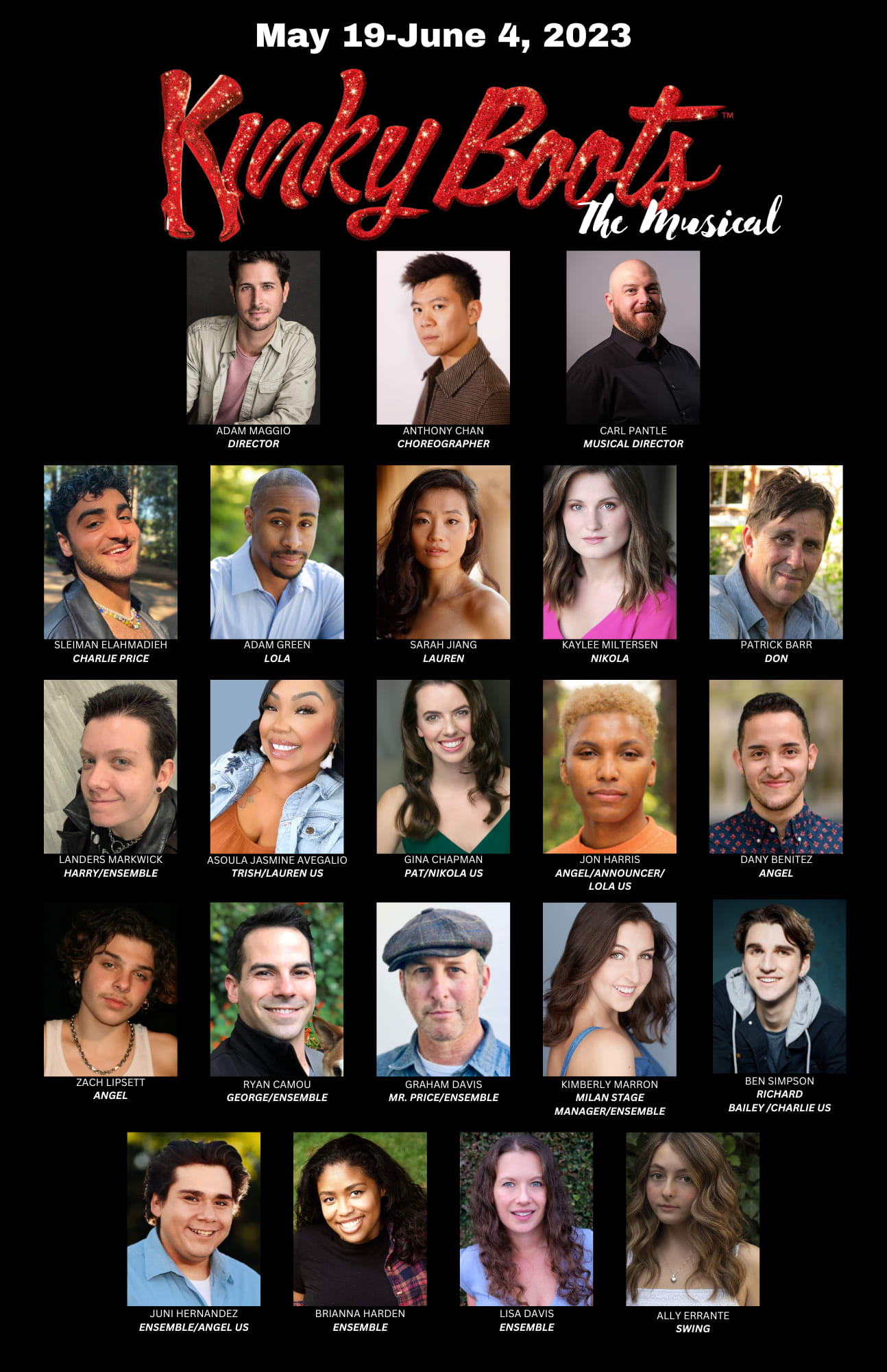 Headshots of the cast and Directing team of Kinky Boots at Throckmorton Theatre!