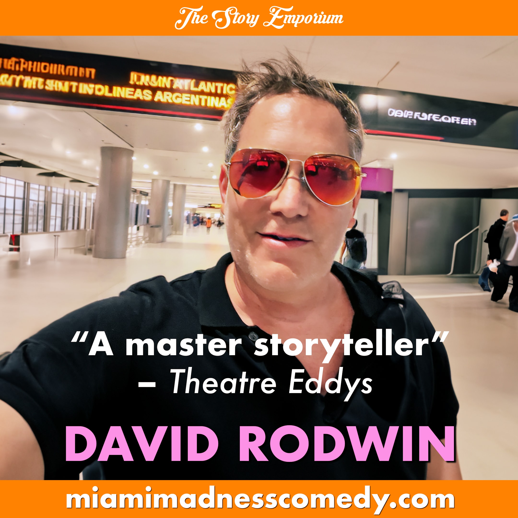 David stumbles through the Miami airport wearing sunglasses and looking bedraggled