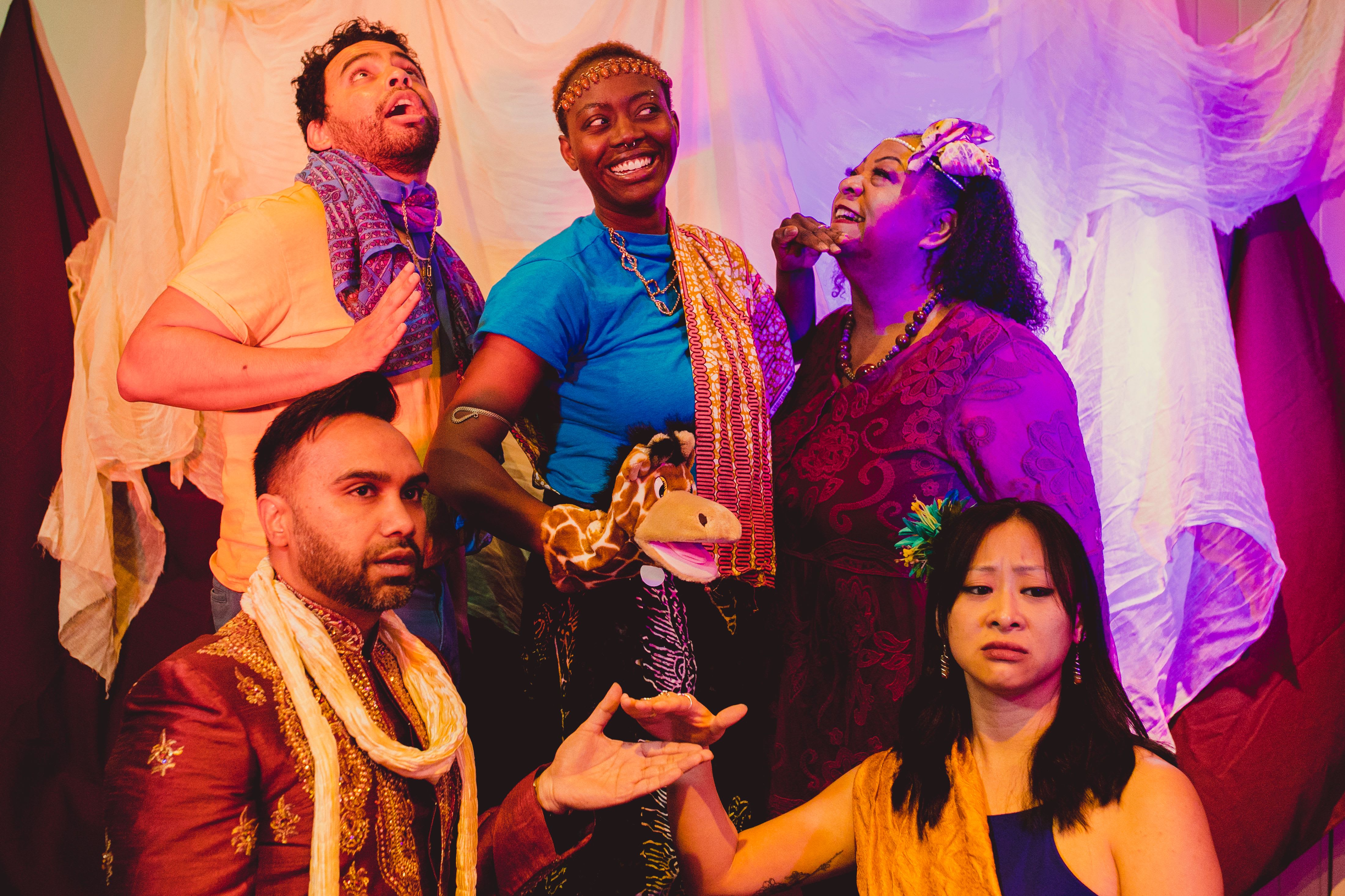 Actors Imran G, Lisa Hu, Gabby Momah, Pam Drummer-Williams, and Emanuel Morales, demonstrating the complex and awkward social