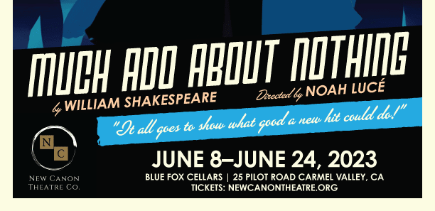 Two people in silhouette against a blue background with trees, with the text "Much Ado About Nothing: It all goes to show wha