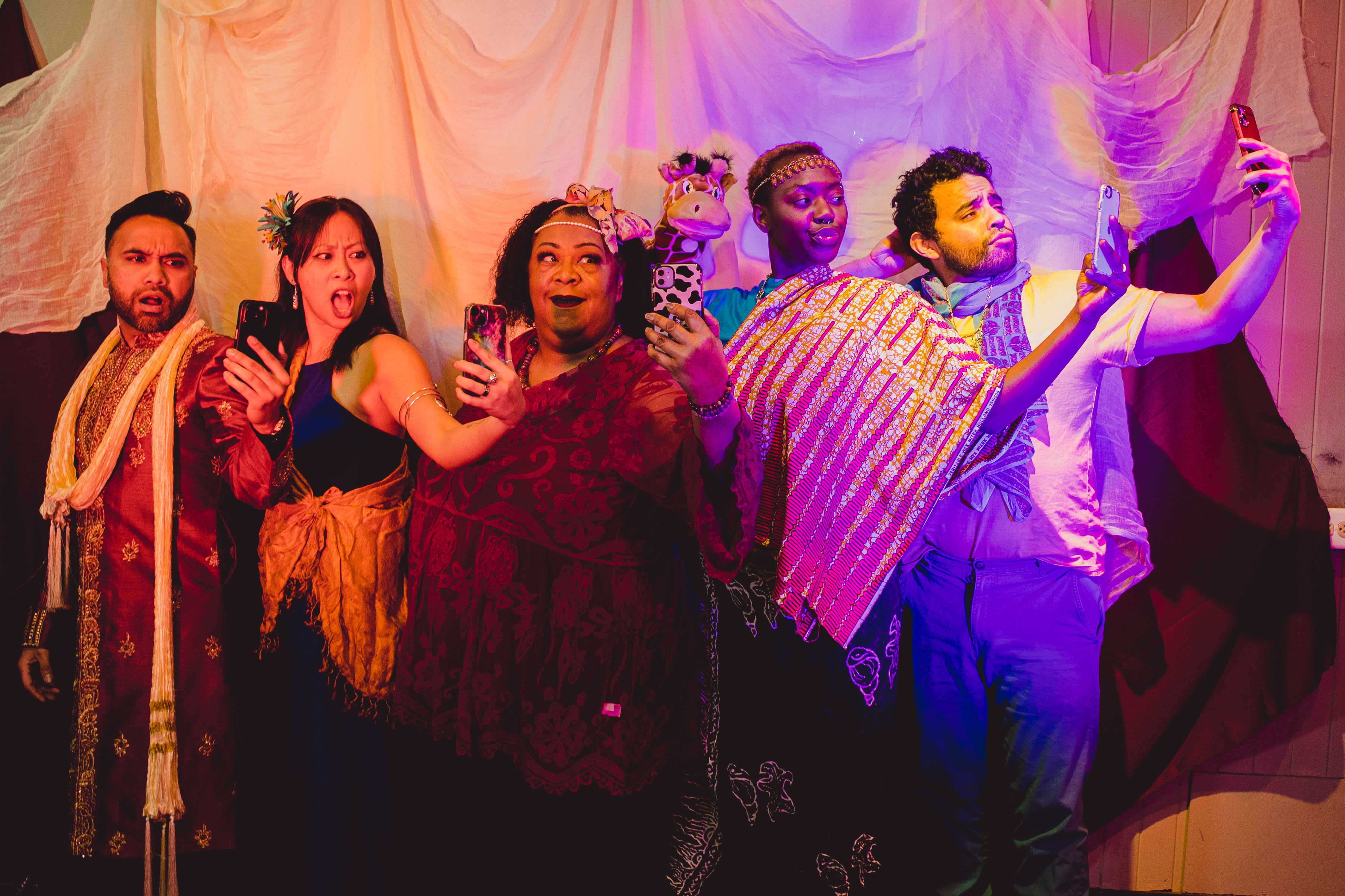 Actors Imran G, Lisa Hu, Gabby Momah, Pam Drummer-Williams, and Emanuel Morales, in mythical garb and magical lighting...hier