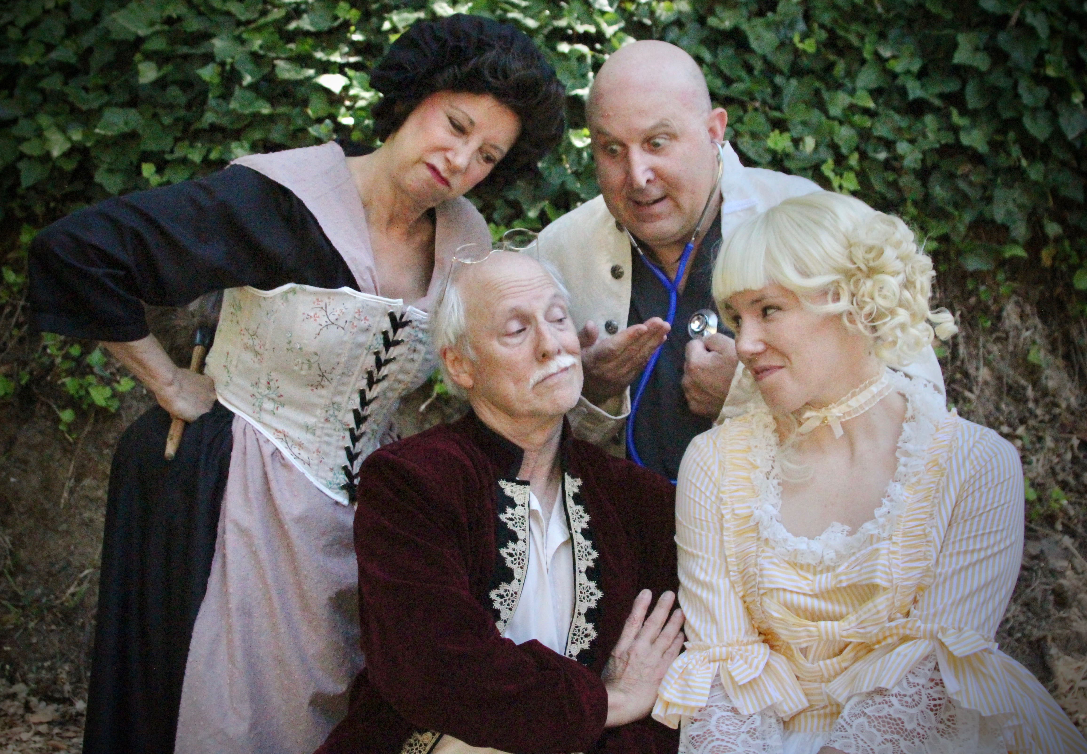 Doctor Purgeon (David Ghilardi) bickers with Argan (Bruce Kaplan) while Toinette (Kim Saunders) and Angelique
