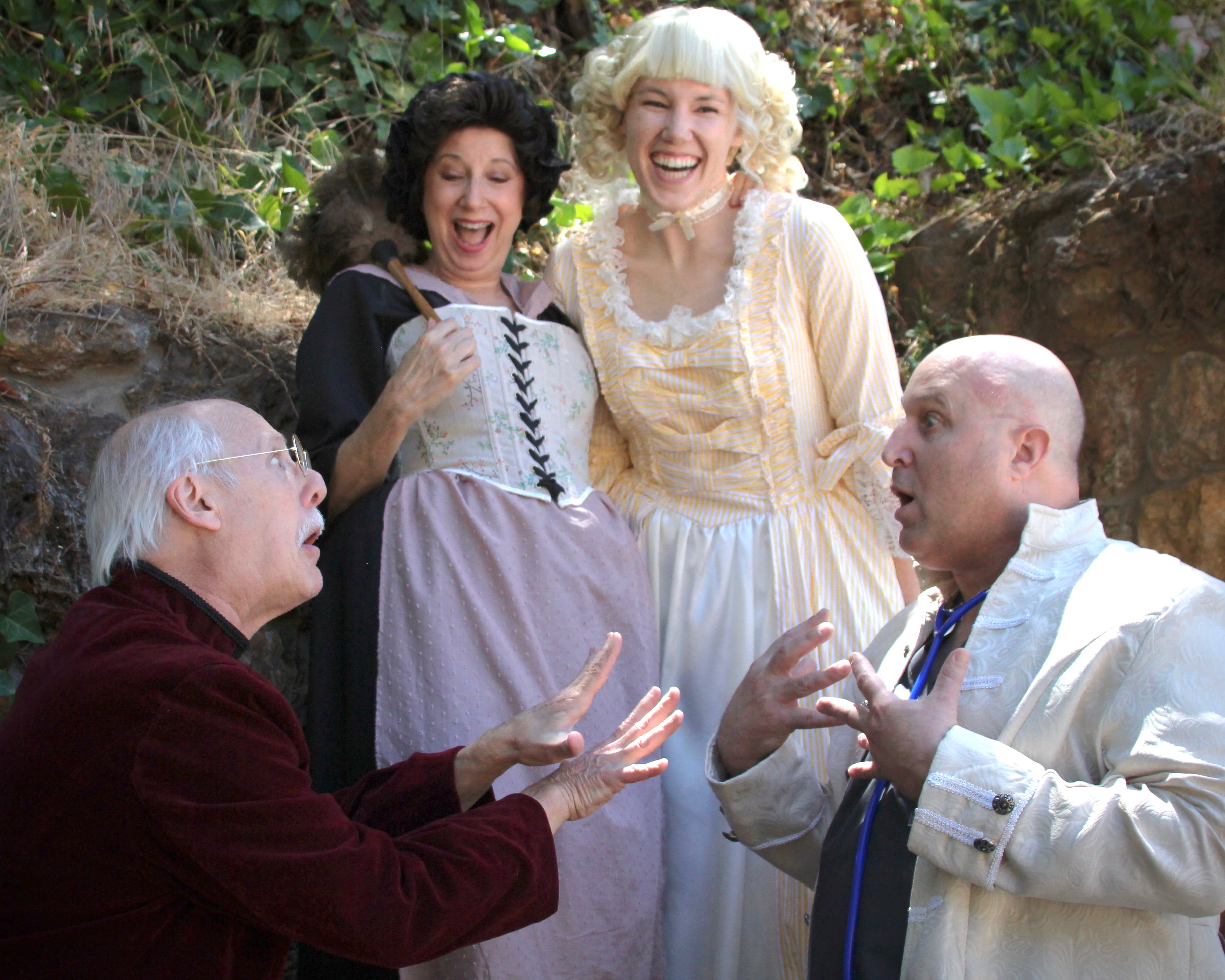 Doctor Purgeon (David Ghilardi) bickers with Argan (Bruce Kaplan) while Toinette (Kim Saunders) and Angelique (
