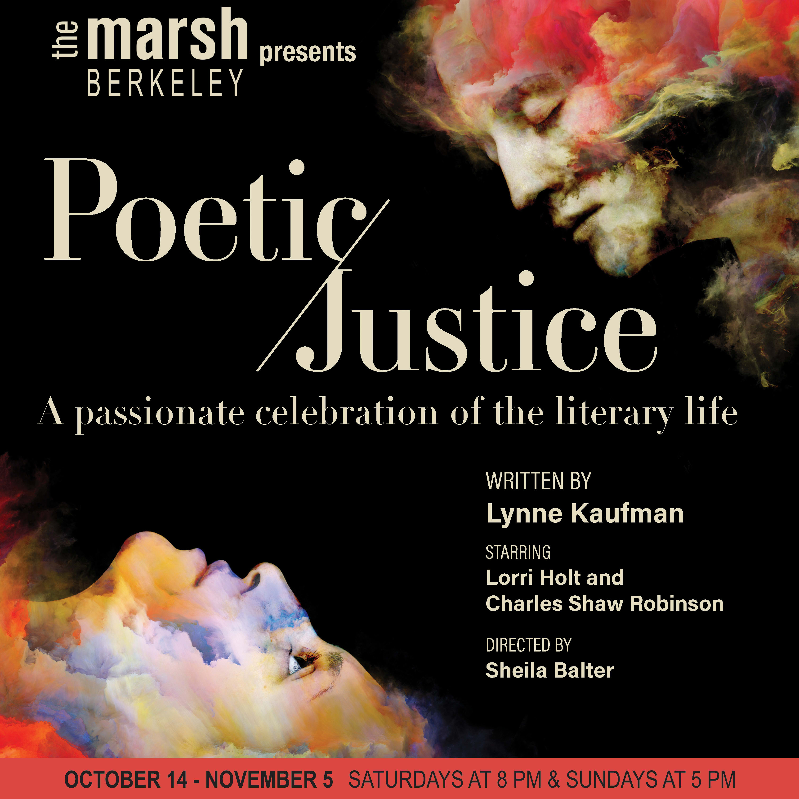 Poetic Justice title in serif font on black background, with abstract faces above and below the text.