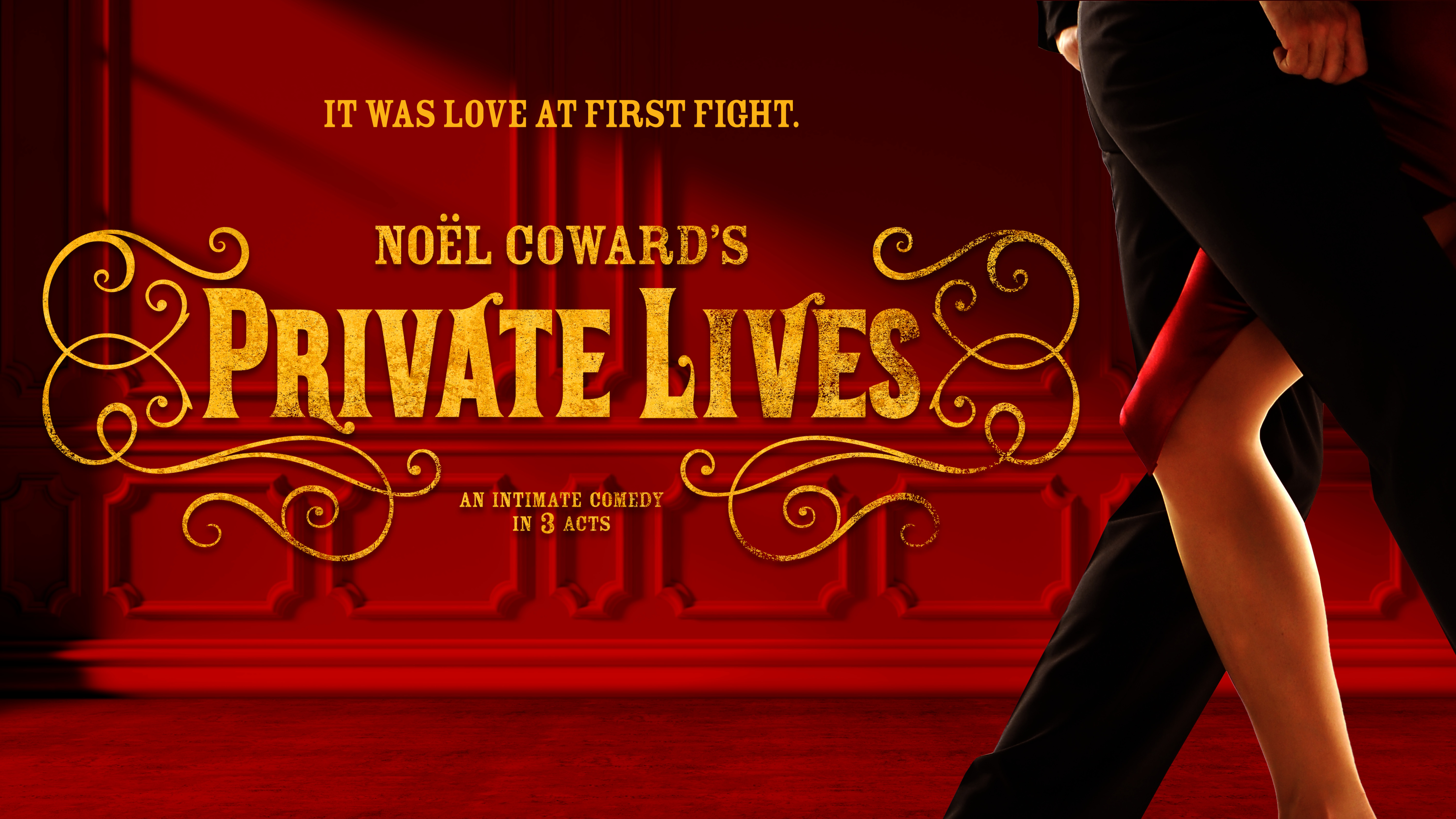 Two pairs of legs in a tango pose, in shades of black and red.