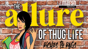 Cartoon of teenaged Melia Mills against a brick wall with stylized title "The Allure of Thug Life."