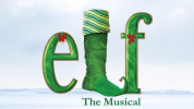 Elf The Musical logo with green and red holiday themed lettering. The "L" in elf is shown as a green elf shoe/stocking over a