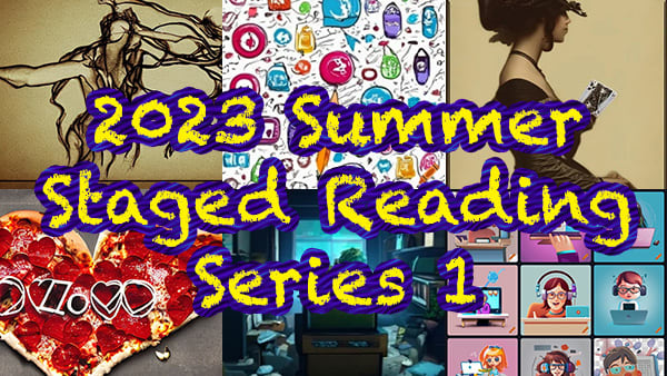 Six Squares with colorful photographs behind yellow text outlined with purple that reads 2023 Summer Staged Reading Series 1