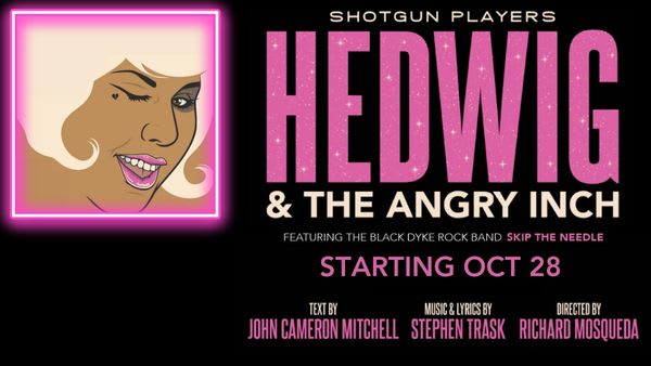 Graphic art image of a performer in glam stage makeup winks. The image is outlined in pink neon.