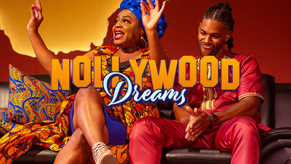 NollyWood Dreams written over a picture of a black woman and black man sitting on a couch. They are dressed in warm colors