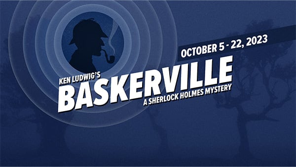 Baskerville show art.  Dark blue sillohuette of Sherlock Holmes.