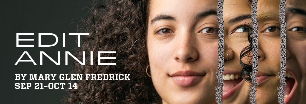 Edit Annie -- closeup of softly smiling face of woman with dark curly hair staring directly at the camera, slicing away to fa