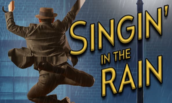 A man holding umbrella leaping into the air next to a glowing lamp post against a light blue background with rain.