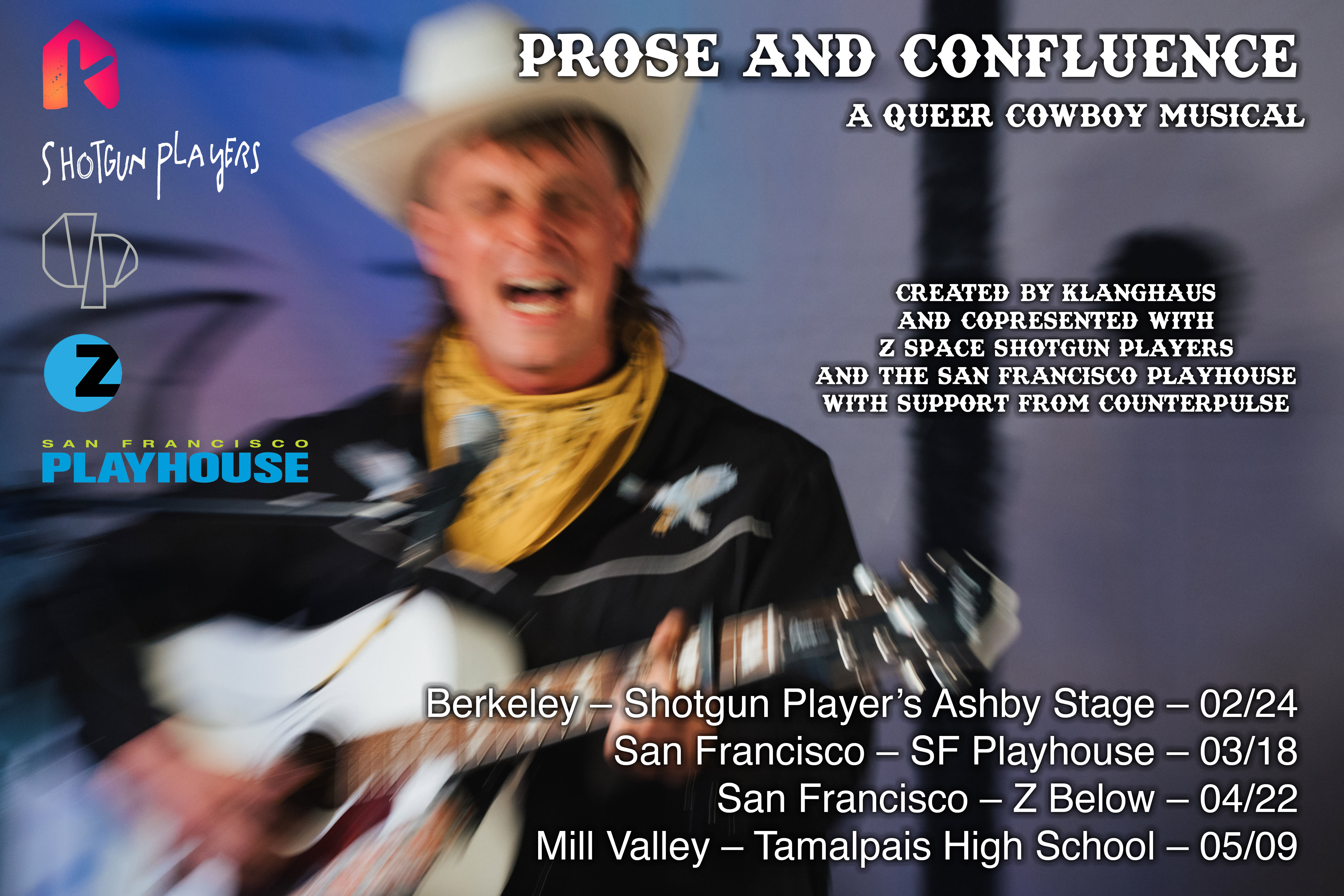 A blurry image of a man singing wearing cowboy attire: a black cowboy shirt, yellow bandana and white cowboy hat.