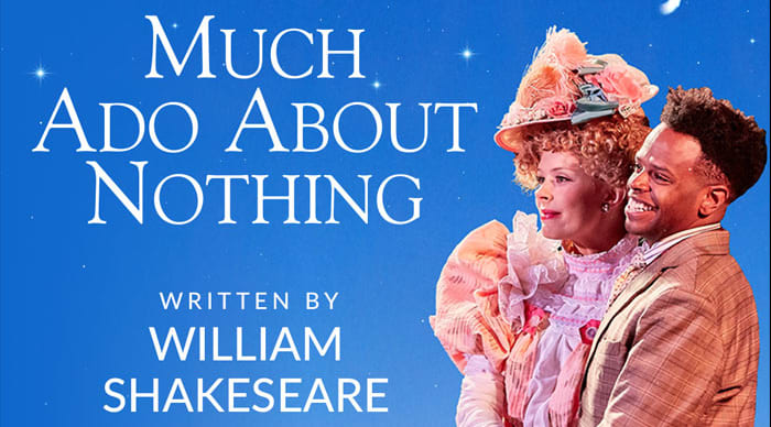 A man and a women holding each other lovingly. Text of Much Ado About Nothing written by William Shakespeare