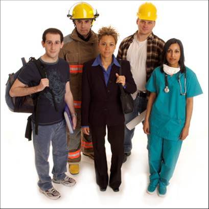 A group of five workers wearing clothing that shows they are from different industries.