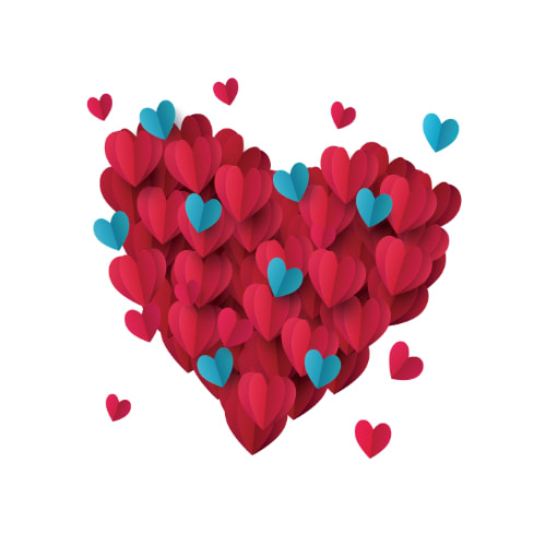 a large heart on a white background composed of smaller red and blue hearts