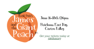 A large peach with the title 'Roald Dah's James and the Giant Peach Jr.' with the time and location, same as description.