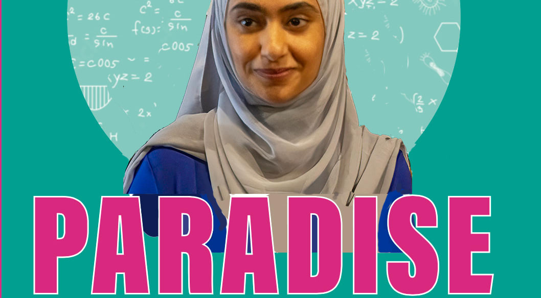 Dr. Gy Royston atop the model of a brain in front is Yasmeen who's in love with science