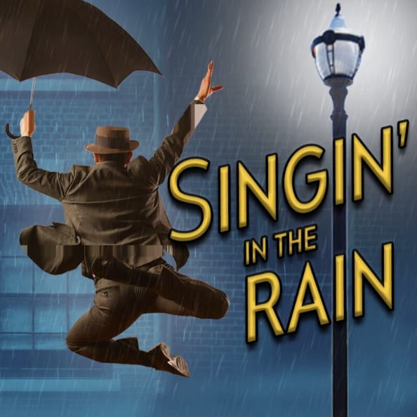 A man holding umbrella leaping into the air next to a glowing lamp post against a light blue background with rain.