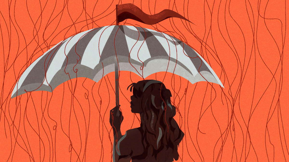 silhouette of a women holding striped umbrella against a red-orange background. Numerous strands of red string raining down