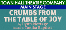 Teal background, in off-white "Crumbs from the Table of Joy" at the top center. Playwright and Director names in pastel pink
