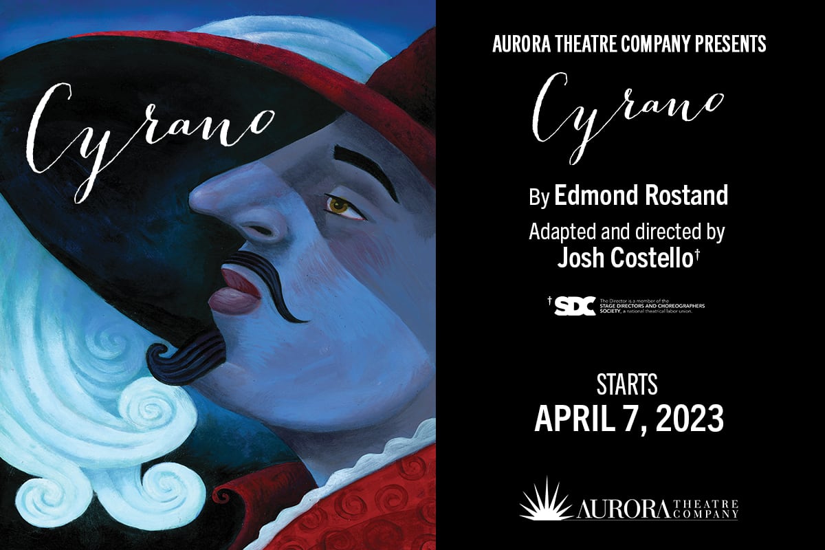 A painted image of a man with a large nose in profile, wearing a large hat with a feather.