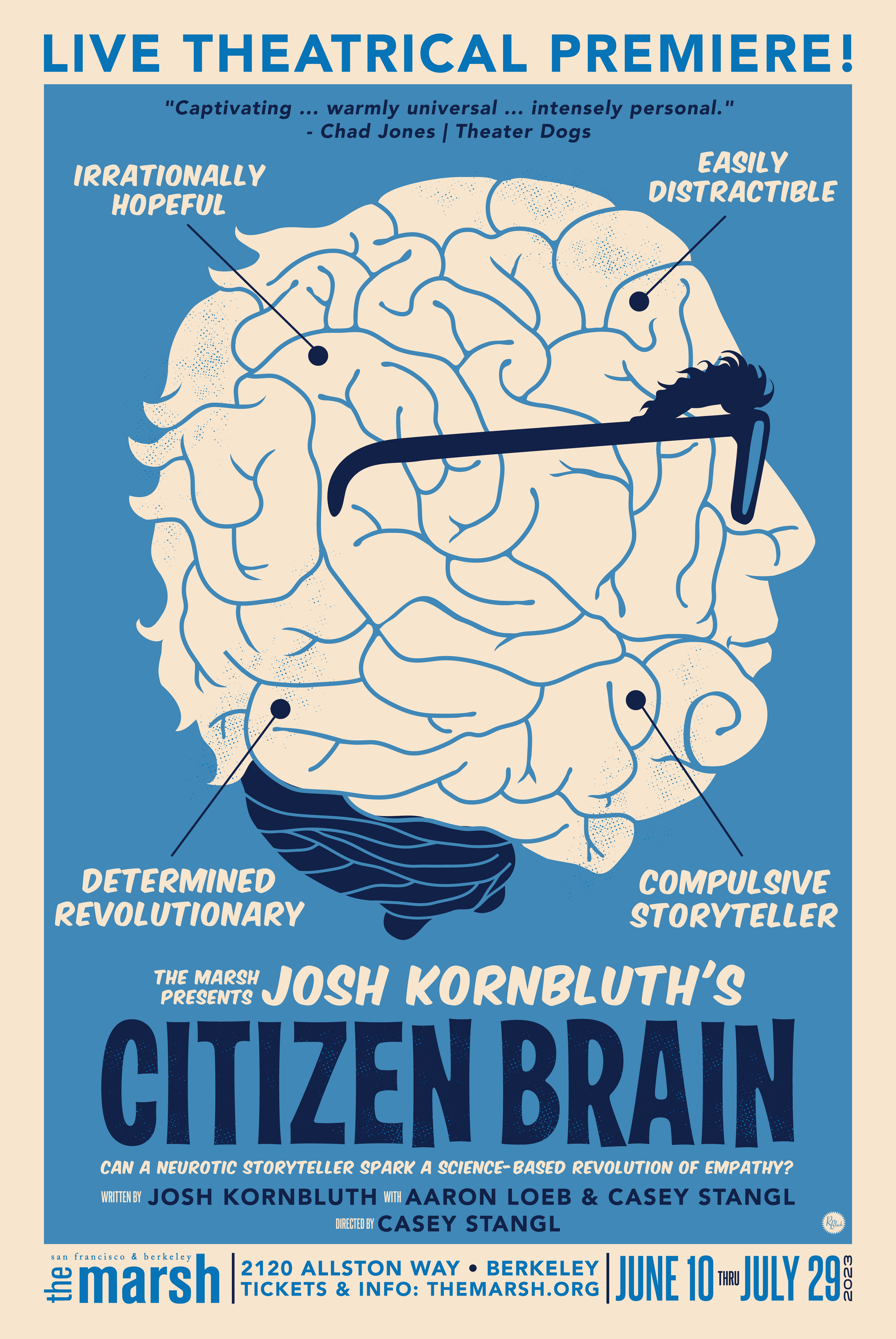 A poster for Citizen Brain featuring a brain wearing glasses, stylized to resemble Josh Kornbluth's profile, on a blue backgr