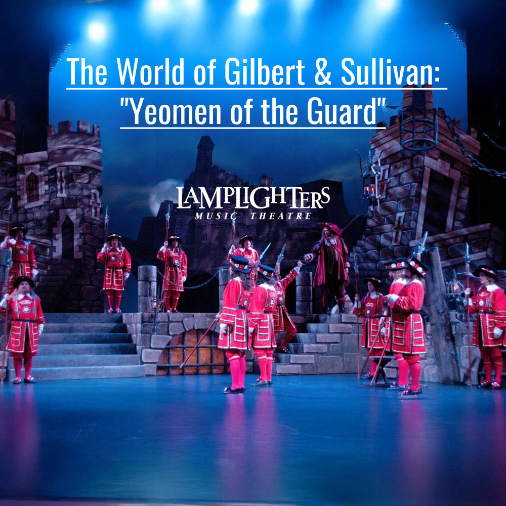 A scene from "Yeomen of the Guard". British soldiers in red uniforms are scattered at posts across an ominous and moonlit sta