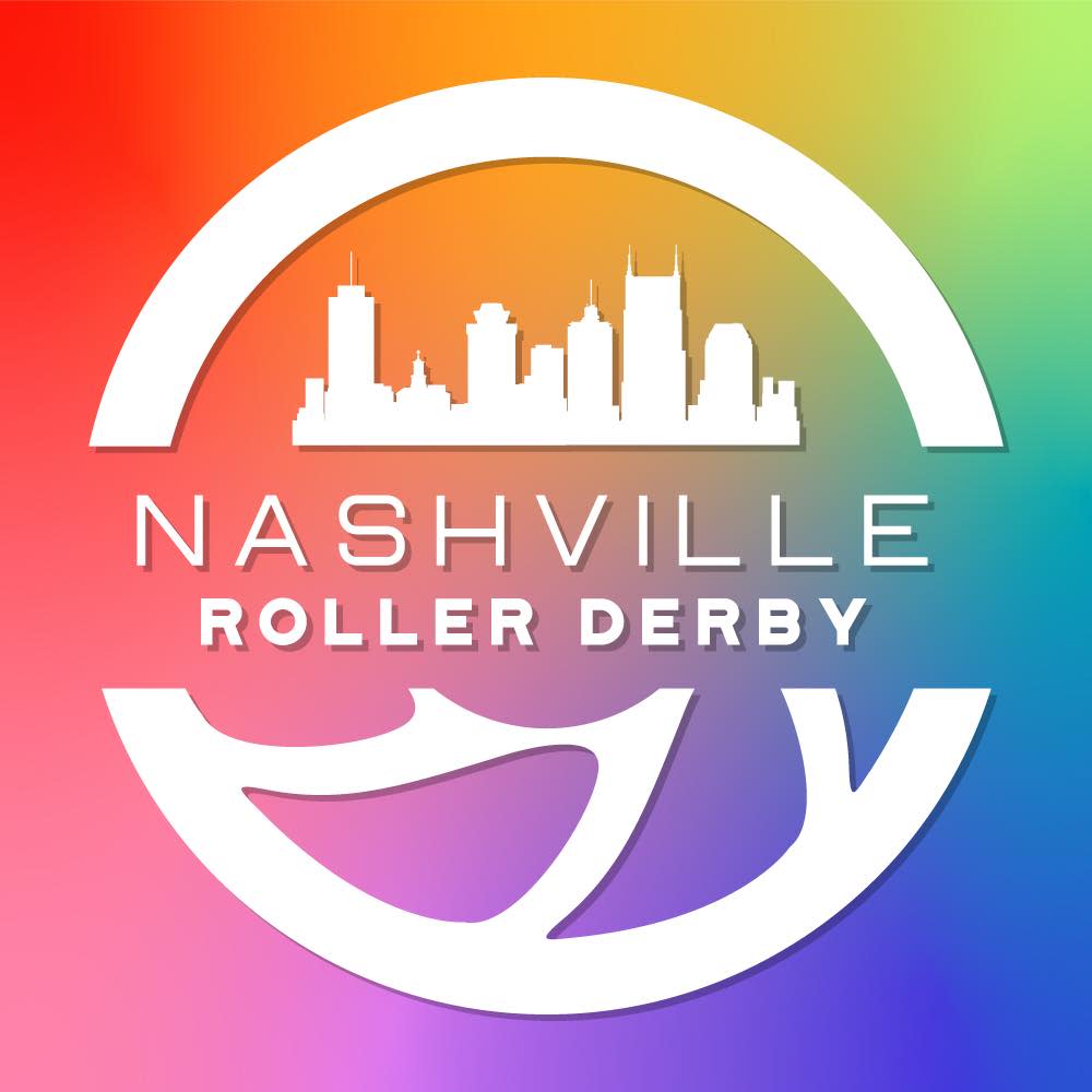Nashville Roller Derby logo against a rainbow gradient background