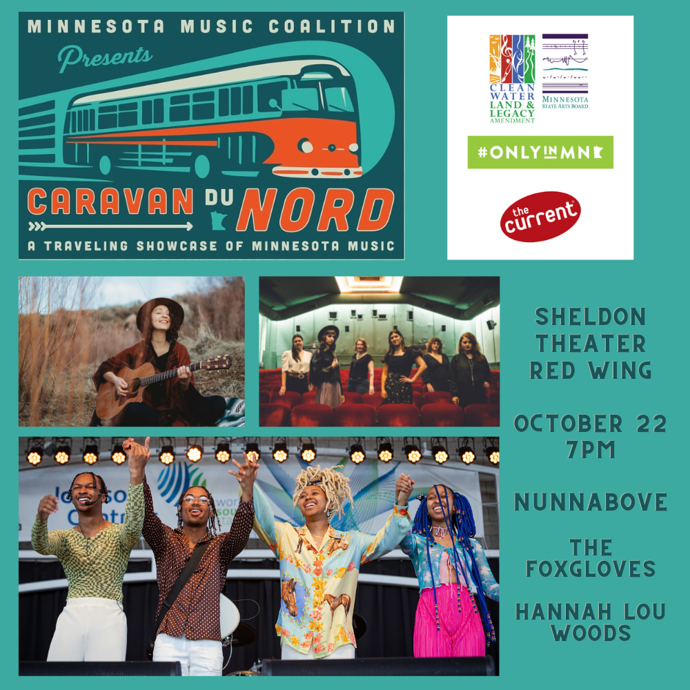 orange and blue bus, four sponsor logos, three musician images
