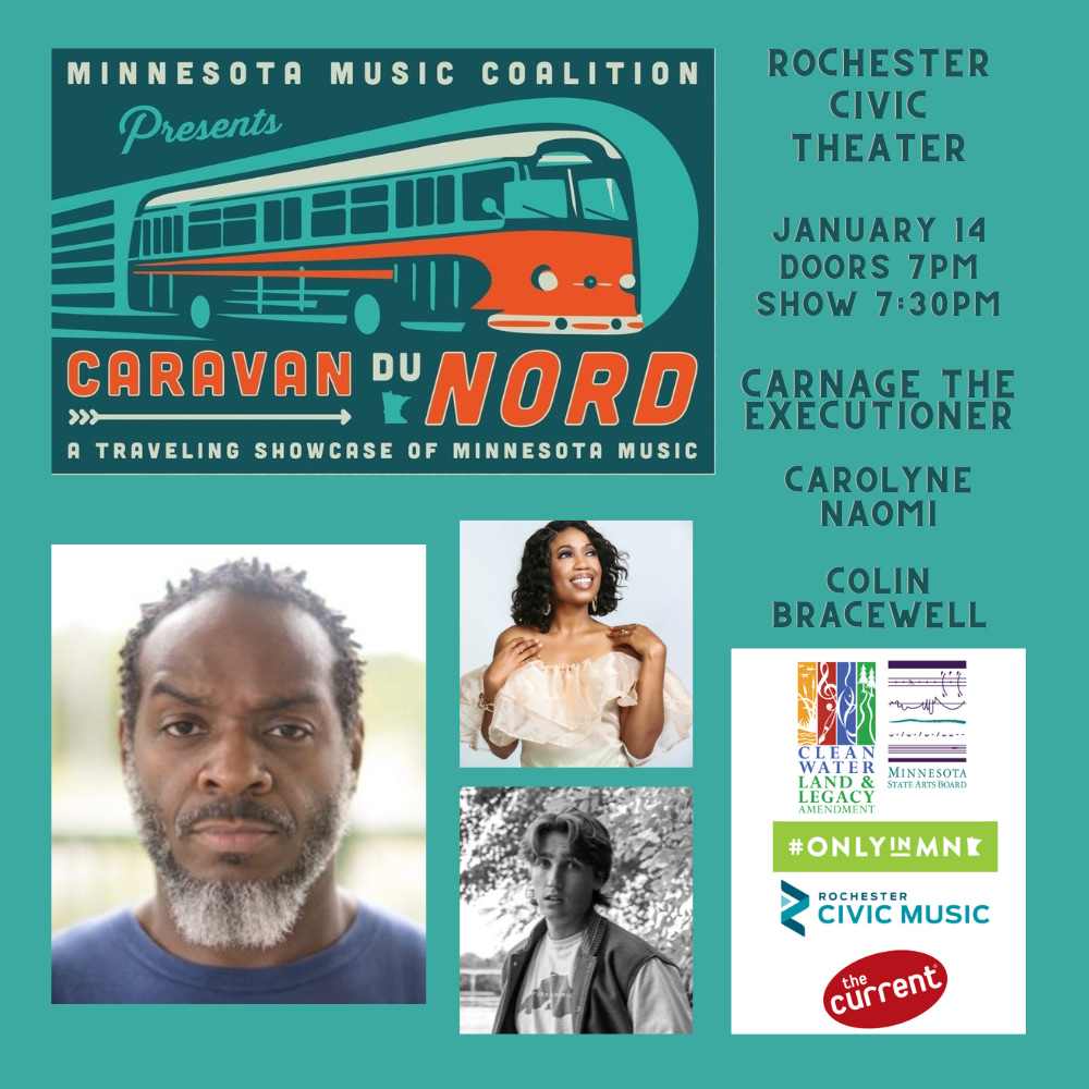 A green square with the image of a bus, three musician photos, and logos from event sponsors