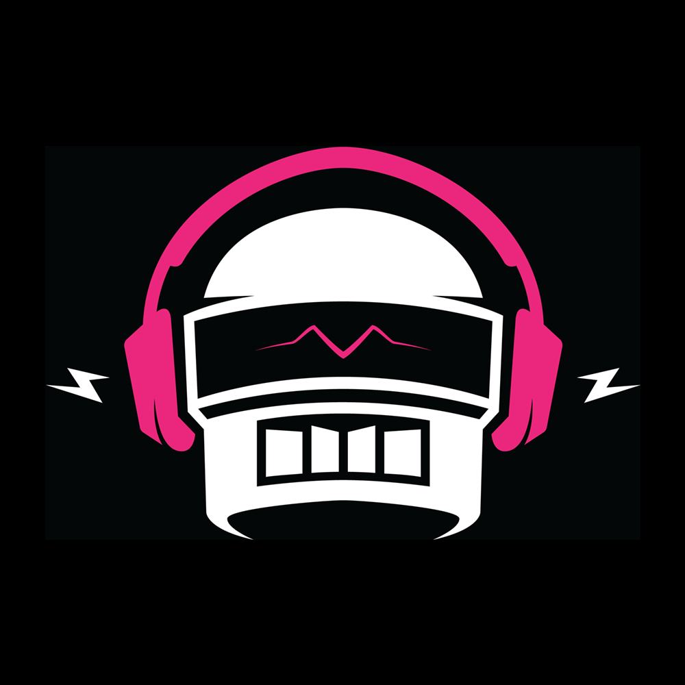 Ninety9Lives Logo: Robot head with pink headphones