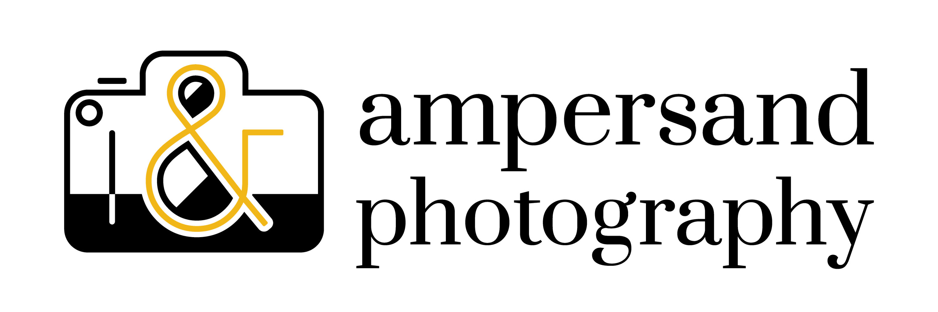 words "ampersand photography" stacked on the right, and a black + white camera outline with yellow ampersand in middle