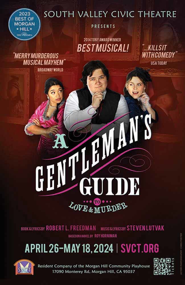 Promo flyer for A Gentleman's Guide to Love and Murder. It features Monty Navarro with his two romantic interests, Sibella Ha