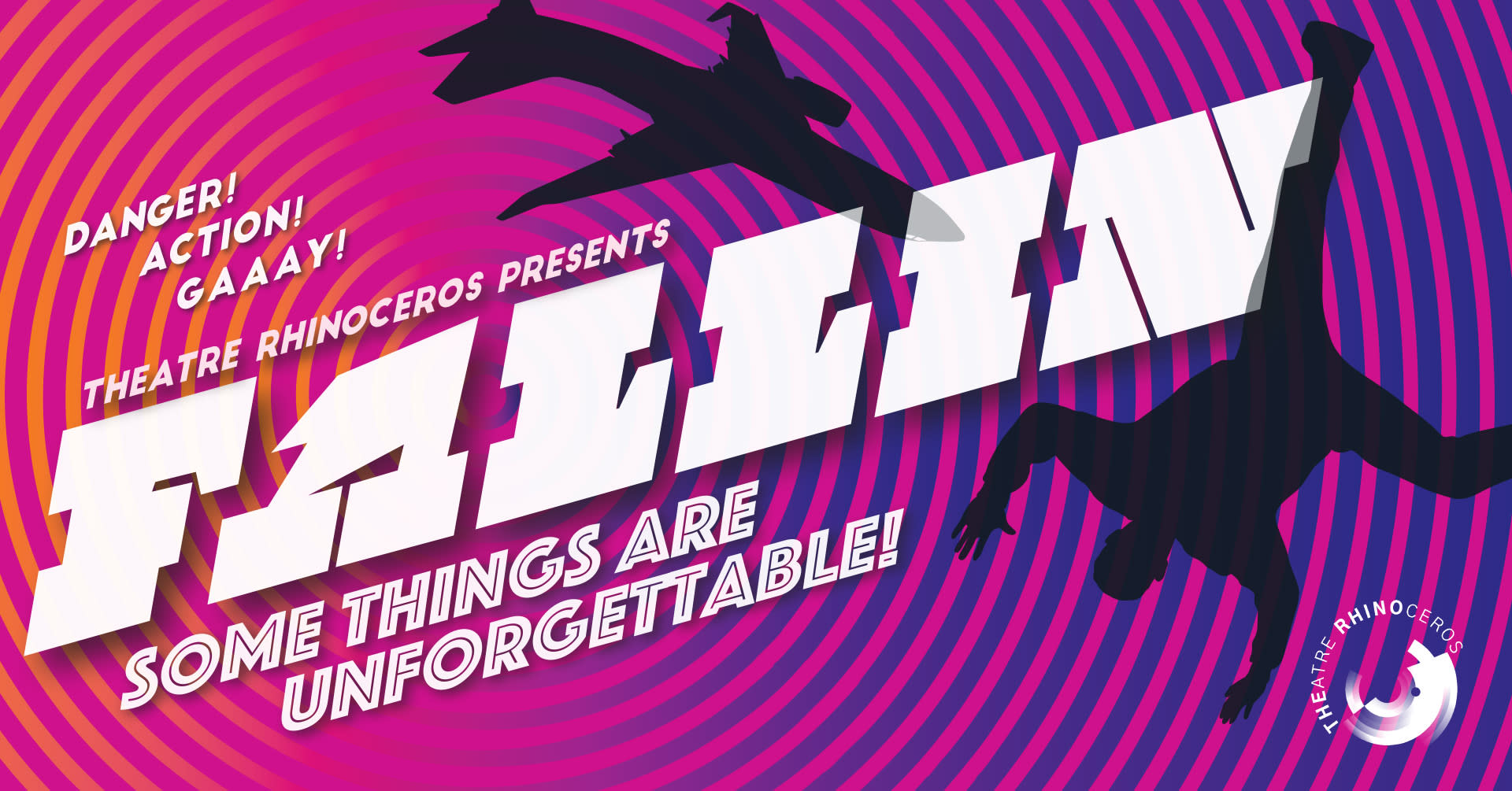 A silhouette of a person and plane fall through a purple spiral.