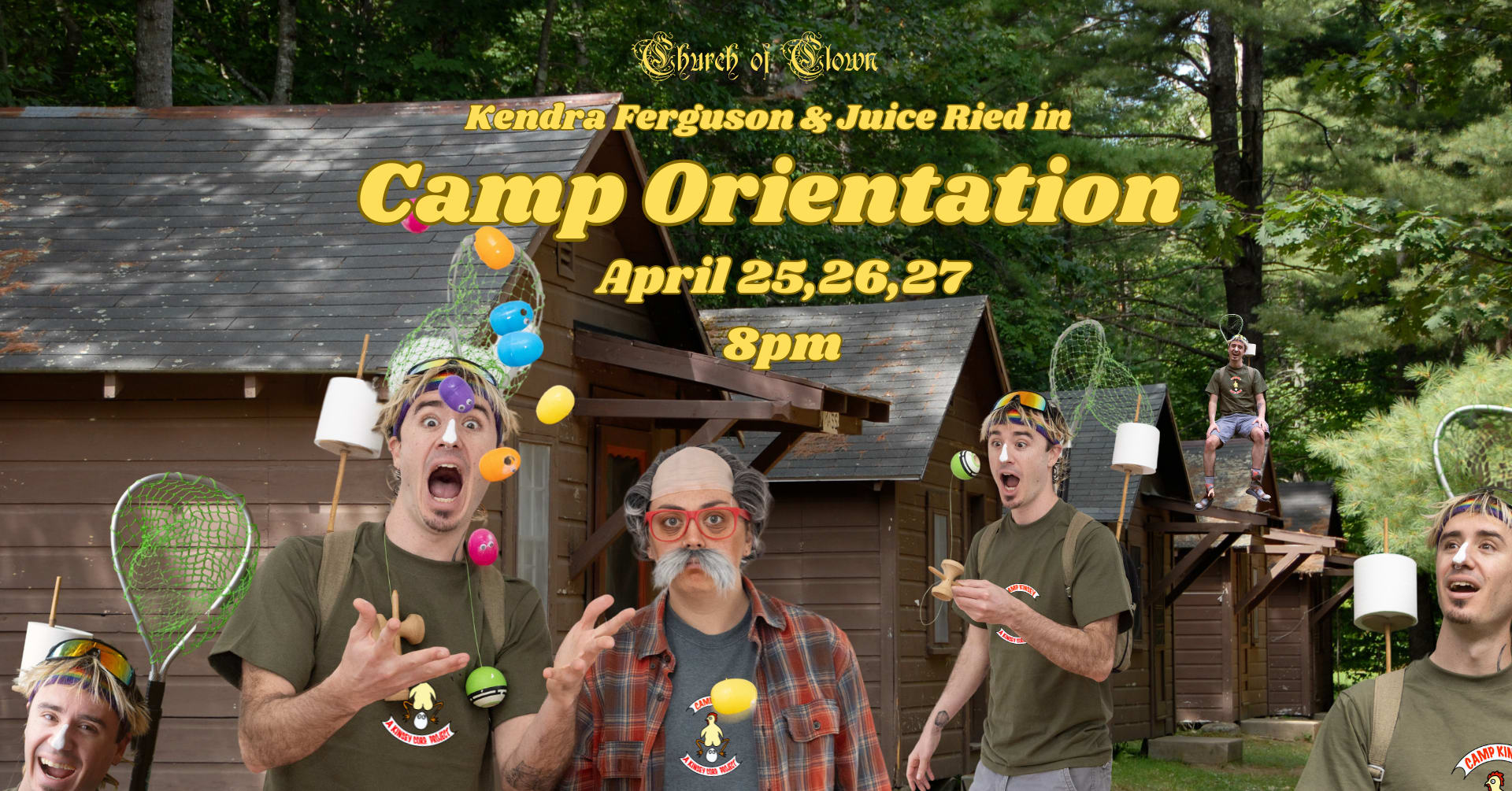 blurred leafy dark green background. Foreground shows 2 people. One person with a dark green shirt copied around poster multi