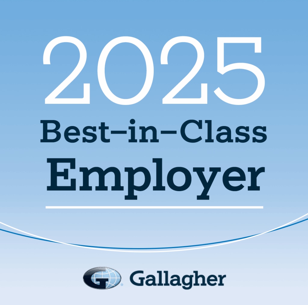 blue background with text reading 2025 best-in-class Employer, and the Gallagher logo