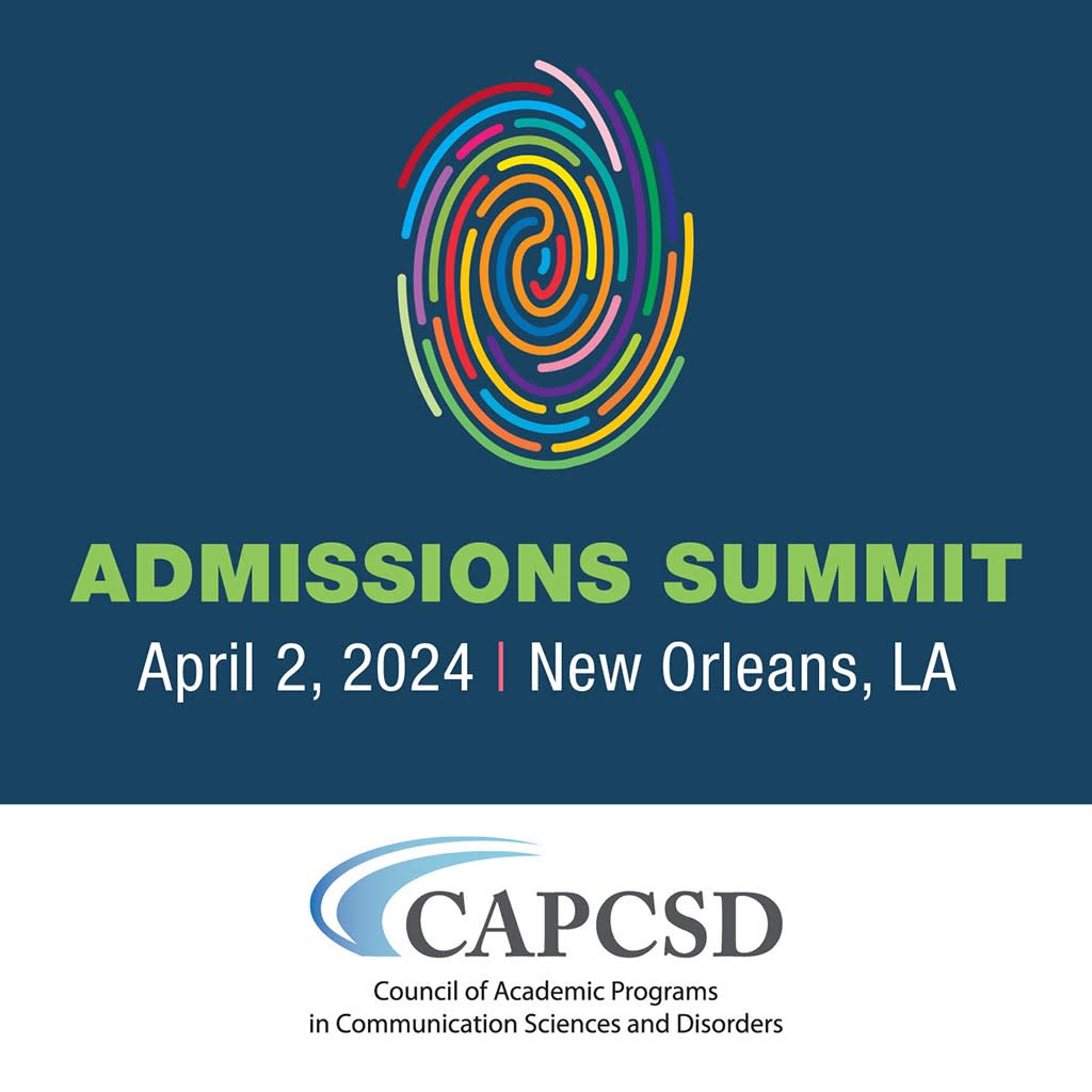 Admissions Summit multi-colored fingerprint logo, April 2, 2024 date, New Orleans, LA location, and CAPCSD logo
