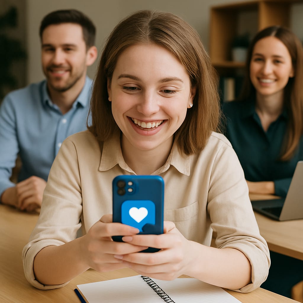 Smiling young woman using a smartphone with a heart icon on the case, sitting at a table with two coworkers.