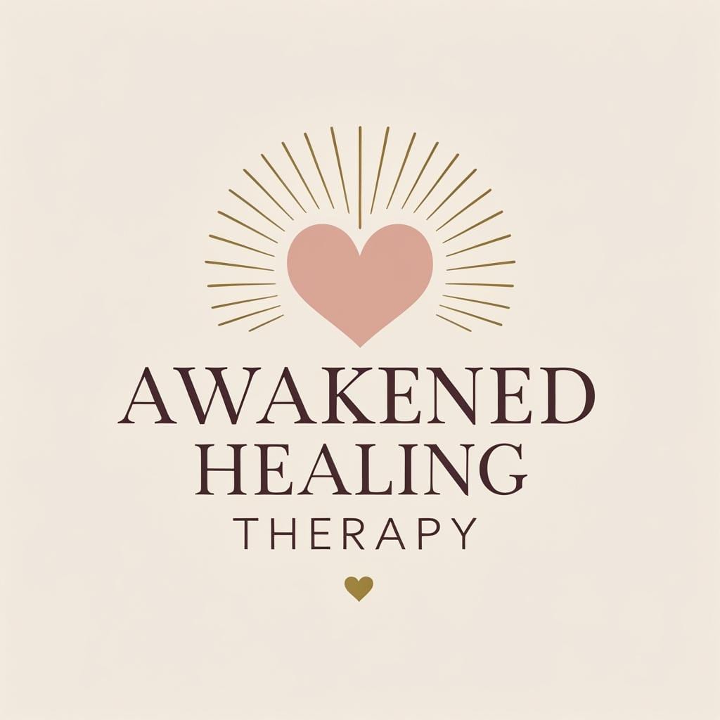Awakened Healing Therapy logo – pink heart with radiant gold rays.
